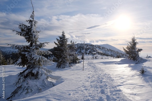 Beautiful winter mountain views at sunset during a snowshoe hike along the red ridge trail in the Low Tatras, Slovakia - trampled tracks in the snow around Sedlo pod Skalkou