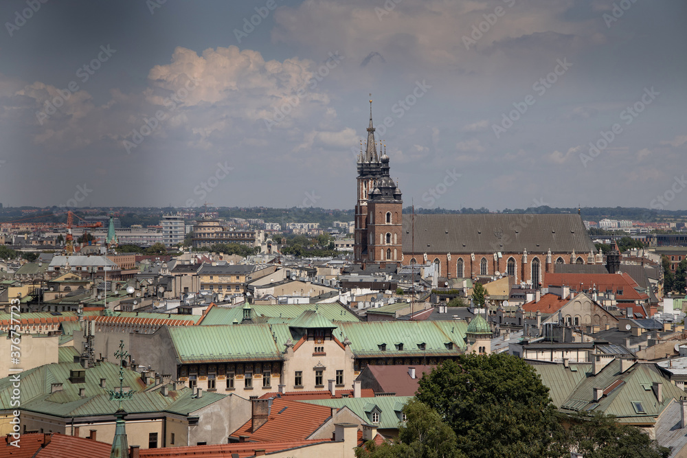 view of the old town of Krakow in Poland on a lent day from the cathedral's tower