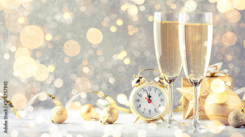 Two champagne glasses and christmas decoration over gray golden bokeh background. Happy New Year Celebration. Selective focus and small depth of field
