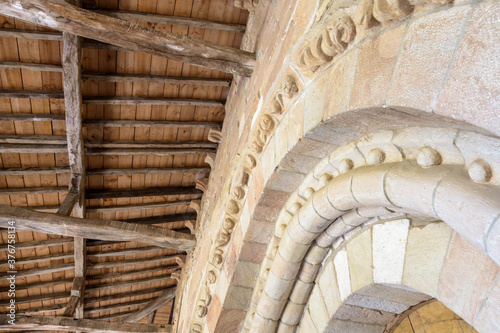 Details of the Rebolledo de la Torre church in Burgos. Church with a wonderful Romanesque portico. Castilla y Leon, Spain