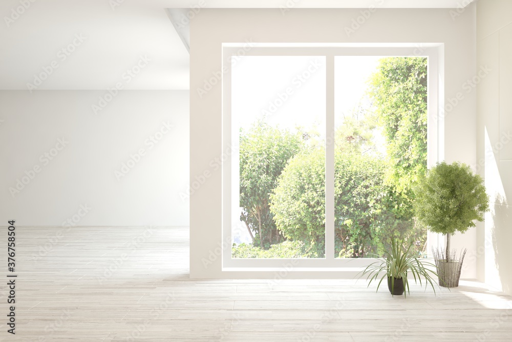 Fototapeta premium White empty room with summer landscape in window. Scandinavian interior design. 3D illustration