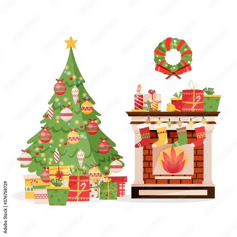 Room interior with brick fireplace, socks, christmas presents and gifts, traditional wreath, tree with baubles. Vector illustration in flat style