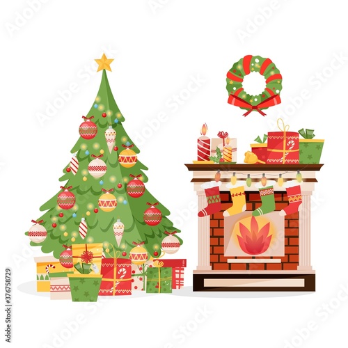 Room interior with brick fireplace, socks, christmas presents and gifts, traditional wreath, tree with baubles. Vector illustration in flat style