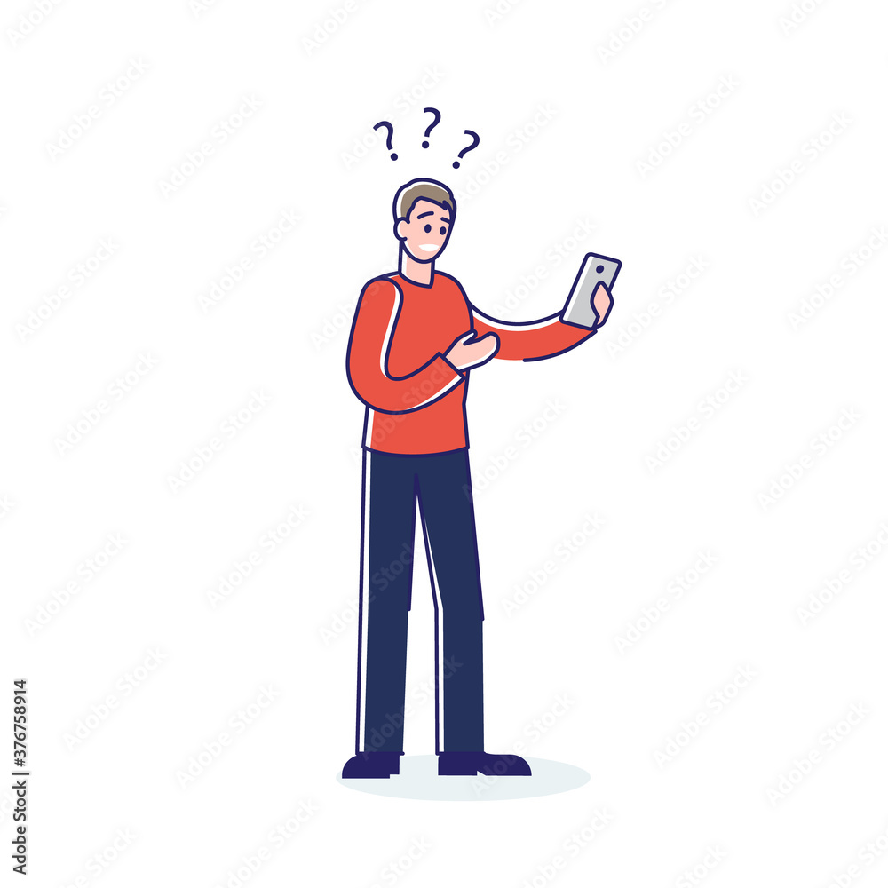 Shocked and frustrated man holding mobile phone with surprising message Shocked and frustrated man holding mobile phone with surprising message
