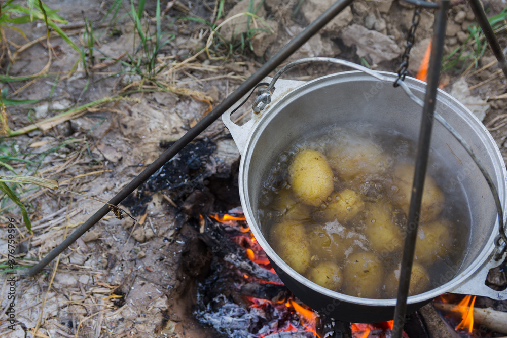 Potatoes are cooked in a cauldron over a fire in the camp at sunset Potatoes are cooked in a cauldron over a fire in the camp at sunset