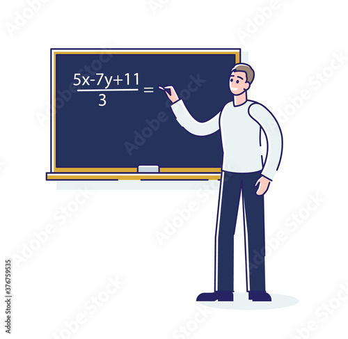 Math teacher or university professor standing at blackboard solving algebra formula