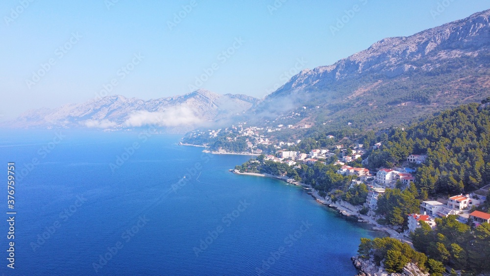 Fototapeta premium Aerial view on Brela, Makarska Riviera, Dalmatia, Croatia. Travel destination. Summer vacation 