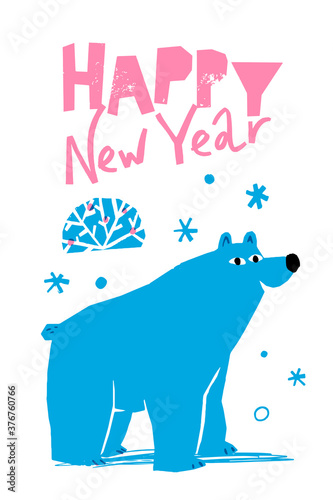 Happy New Year vector winter poster with cute bear