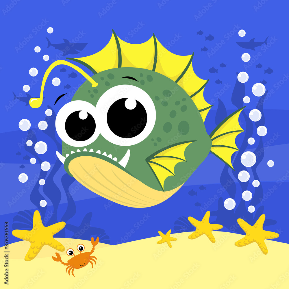 cute baby anglerfish cartoon illustration with bubbles and under the sea background. Design for baby and child