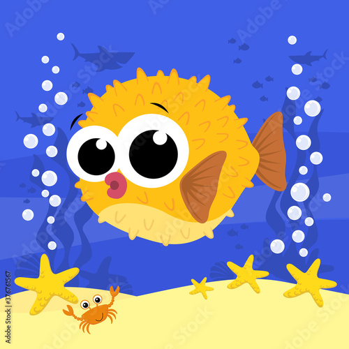 cute baby blowfish cartoon illustration with bubbles and under the sea background. Design for baby and child