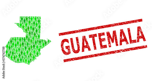 Green dollar and clients mosaic map of Guatemala and rubber seal stamp. Stamp seal includes GUATEMALA text between parallel lines. Mosaic map of Guatemala designed from green dollars, and men symbols.