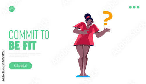 Landing page for loosing weight and fitness concept with woman on scales
