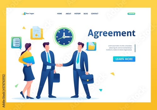 Businessmen of large companies sign an agreement and conclude a contract. Flat 2D. vector illustration landing page