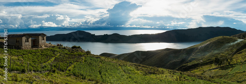 Panoramic view from Yumani, Isla del Sol, Lake Titicaca, Bolivia, South America photo