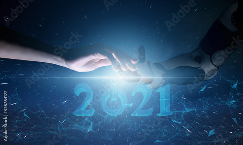 concept of human interaction with future technologies and robotics. Accompanying a person with a cyborg in the new year 2021 and automation of life