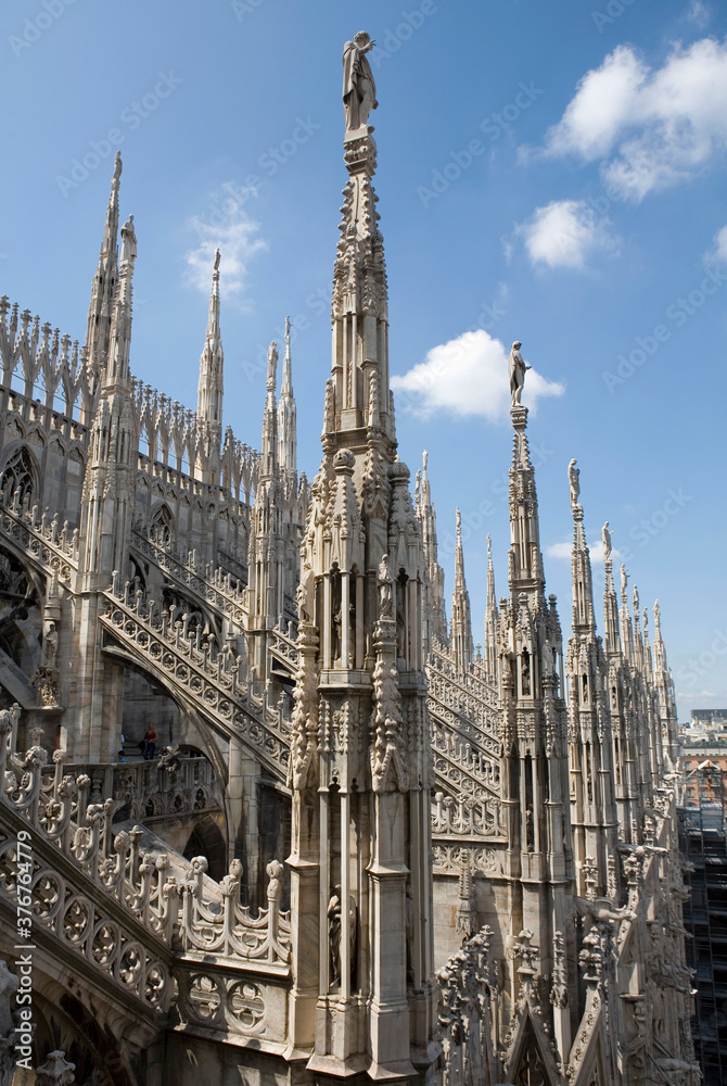 View of spires and statues Milan Cathedral, Milan, Lombardy, Italy