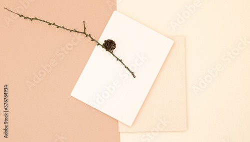 Autumn background with spruce twig blank stationary template, invitation mock up, empty paper card with copy space for text from top on beige background. Top view. Flat lay. Fall winter seasons