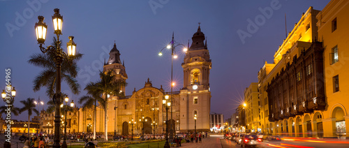 Panoramic view of the cathedral of Lima at night, Peru, South America photo