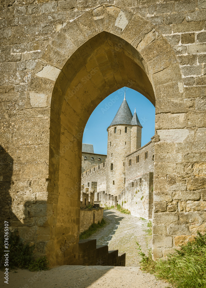 Gateway arch of fort, Carcassonne, Languedoc-Roussillon, France