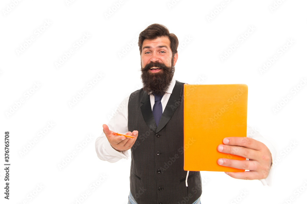 Fotografie Happy hipster with beard presenting notebook cover for school study education, b