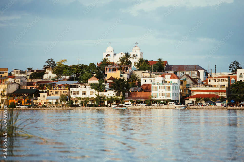View of harbor and town, Flores, Guatemala, Central America View of harbor and town, Flores, Guatemala, Central America