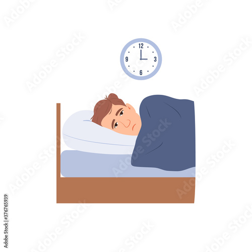 Man with insomnia flat isolated icon. Sleepless person cartoon character suffer. Face with open eyes in darkness night lying on bed concept Sad male awake tired can t dream problem vector illustration