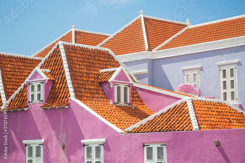 Pink and lavender painted houses, Punda, Willemstad, Curacao, Caribbean photo