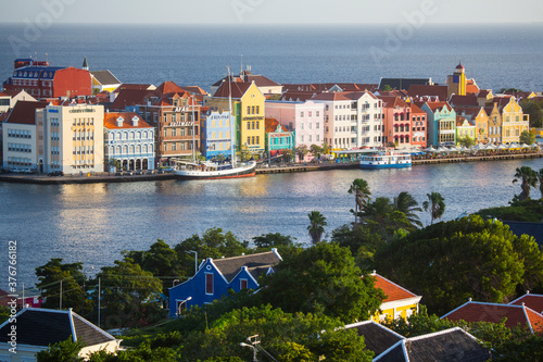 High angle view of traditional multi colored town houses on waterfront, Punda, Willemstad, Curacao, Caribbean photo