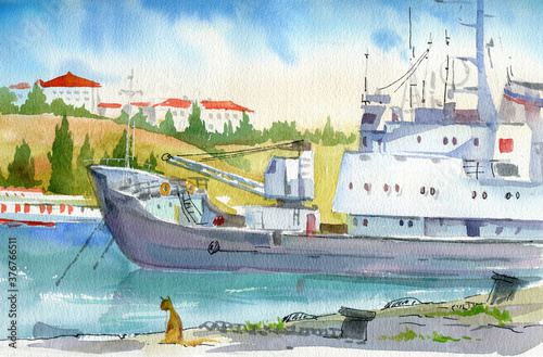 Watercolor landscape with ships. A pier with old ships. Coast of the South Bay in Sevastopol, Crimea. photo