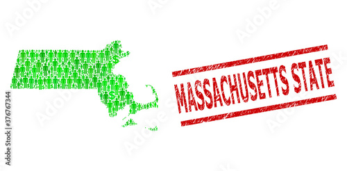 Green dollar and customers mosaic map of Massachusetts State and textured seal. Seal includes MASSACHUSETTS STATE title between parallel lines.