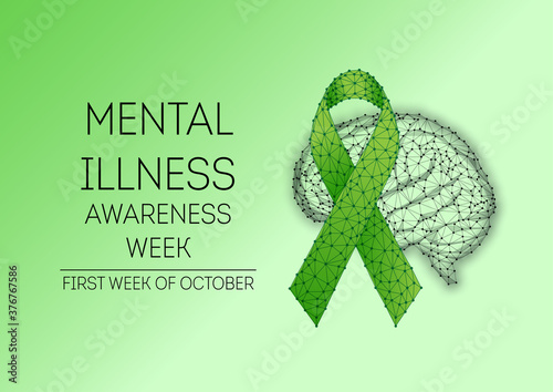Futuristic Mental illness awareness week banner with low polygonal green ribbon and brain