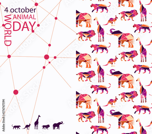 stylized poster Design for world animal day in bright trendy colors of autumn. Image of  geometric style and wild animals made of colorful triangles. EPS10