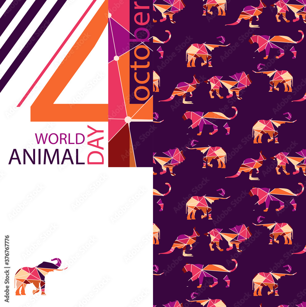 stylized poster Design for world animal day in bright trendy colors of autumn. Image of  wild animals made of colorful triangles. EPS10