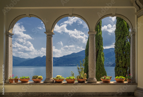 View from arched  Arcades of Villa Monastero,  Lake Como, Italy photo