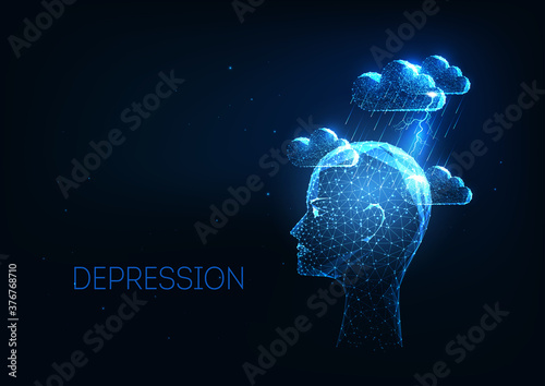 Futuristic depression, mental health disorders concept with low polygonal human had and clouds