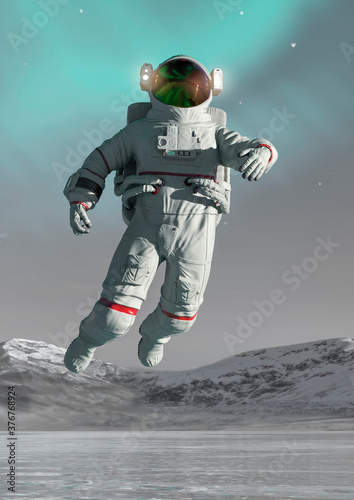 astronaut in another planet walking on ice lake to discover all around portrait view
