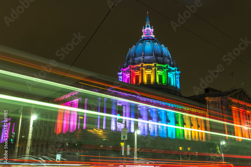 San Francisco City Hall lit with rainbow lights for Pride, USA photo