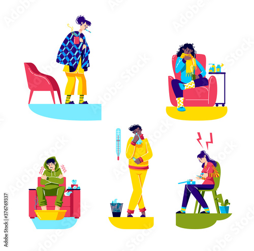 Set of sick cartoons. Women and men ill, having common cold, fever, sneezing or sore throat