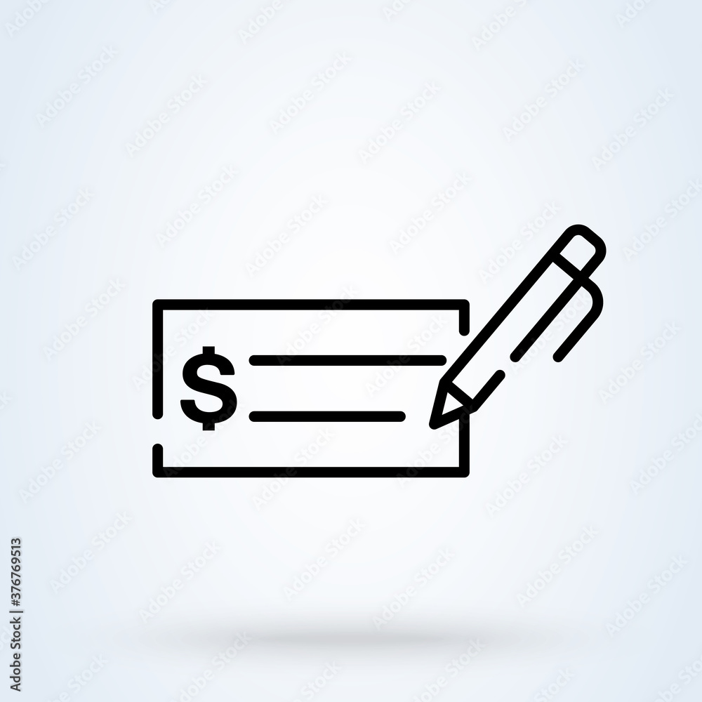 Money check or invoice icon or logo line art style. Outline money or bank check concept. Pay Cheque illustration.