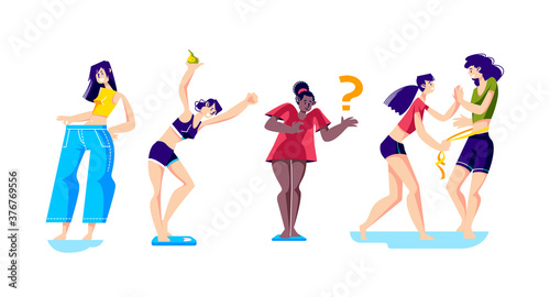 Women loosing weight. Set of cartoon females on scales and with measuring tape