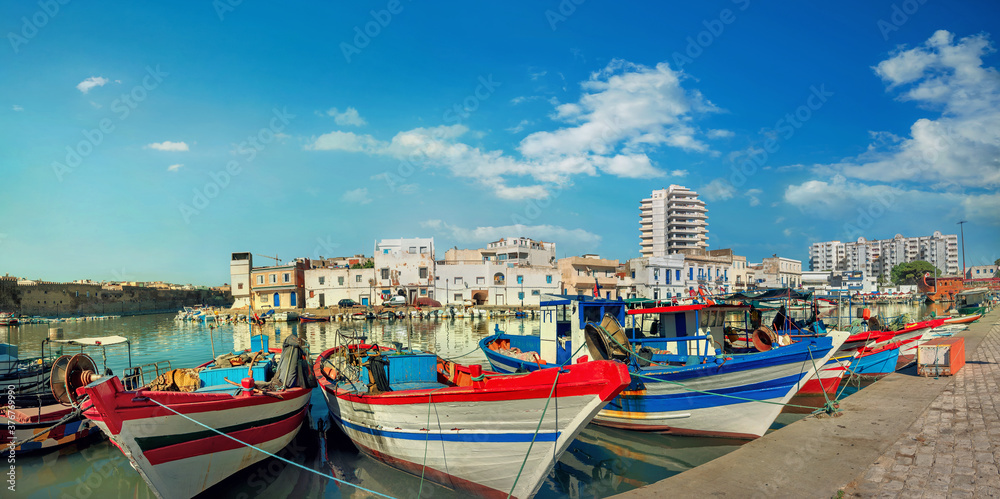 Landscape with fishing boats at old port in Bizerte. Tunisia, North Africa