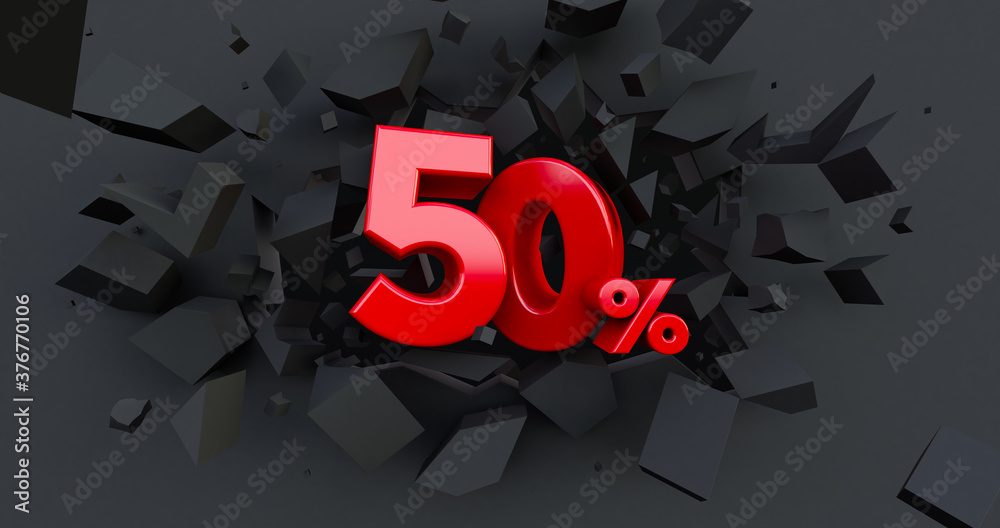 Abstract Explosion Background. 50 fifty percent sale. Black friday idea. up to 50%. 3D render - obrazy, fototapety, plakaty 