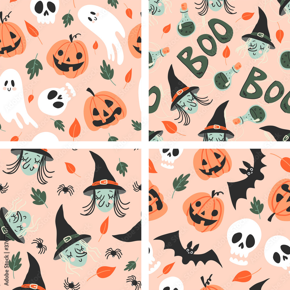 Collection of seamless halloween patterns in childish doodle style. Retro colors, funny autumn textures with ghosts, witch, black cats, spiders, bats, sculls and pumpkins