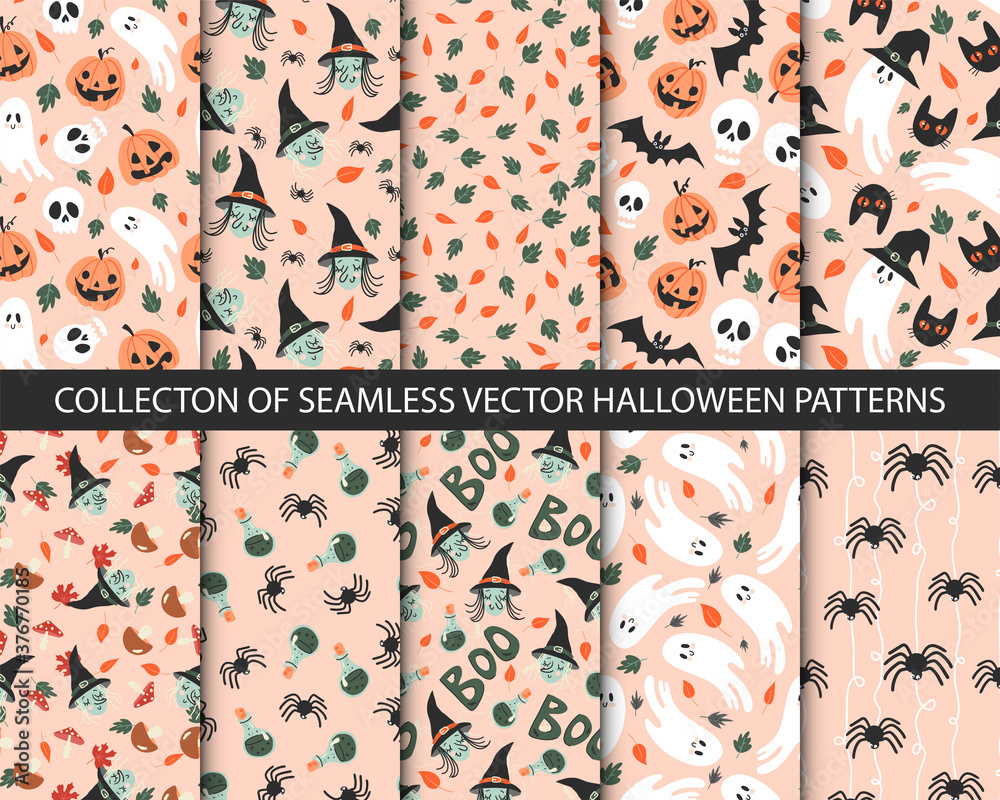 Collection of 10 seamless halloween patterns in childish doodle style. Retro colors, funny autumn textures with ghosts, witch, black cats, spiders, bats, sculls and pumpkins