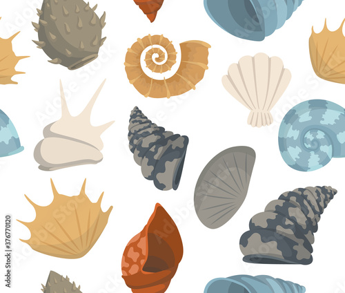 Trendy summer texture concept with sea shells seamless pattern. Travel marine background. Perfect for greetings, invitations, manufacture wrapping paper, textile and web design