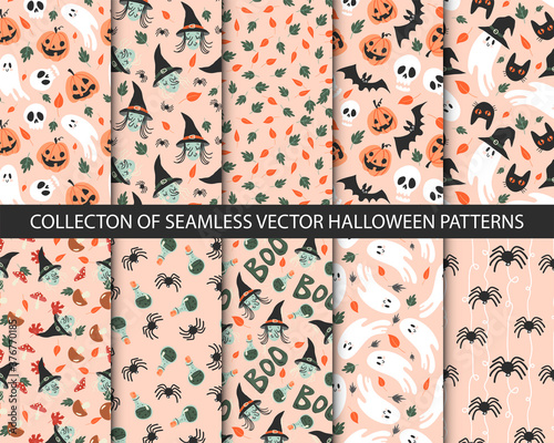 Collection of 10 seamless halloween patterns in childish doodle style. Retro colors, funny autumn textures with ghosts, witch, black cats, spiders, bats, sculls and pumpkins