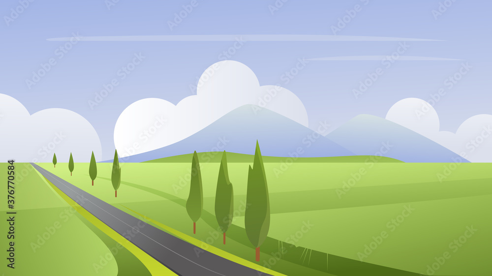 Summer simple rural landscape vector illustration. Cartoon flat summertime panoramic natural farmland with empty asphalt road, leading to horizon, growing trees on roadside, scenic nature background Summer simple rural landscape vector illustration. Cartoon flat summertime panoramic natural farmland with empty asphalt road, leading to horizon, growing trees on roadside, scenic nature background