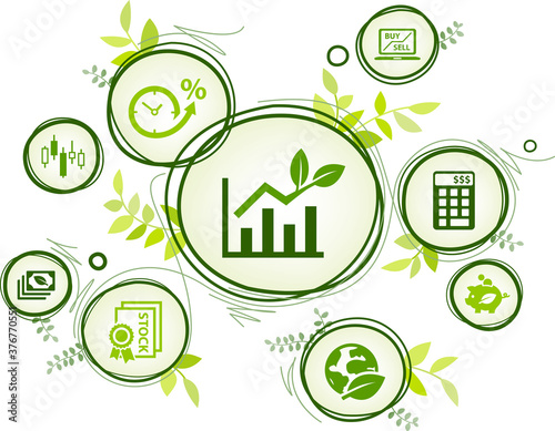 sustainable investing vector illustration. Concept with icons related to ethical investment, socially responsible or green investing, environmental consciousness in finance. photo