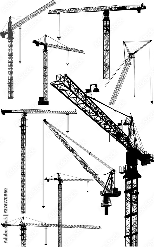 nine building cranes black silhouettes on white nine building cranes black silhouettes on white