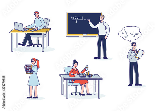 Math and counting set of cartoons counting money, using calculator, abacus or math teachers